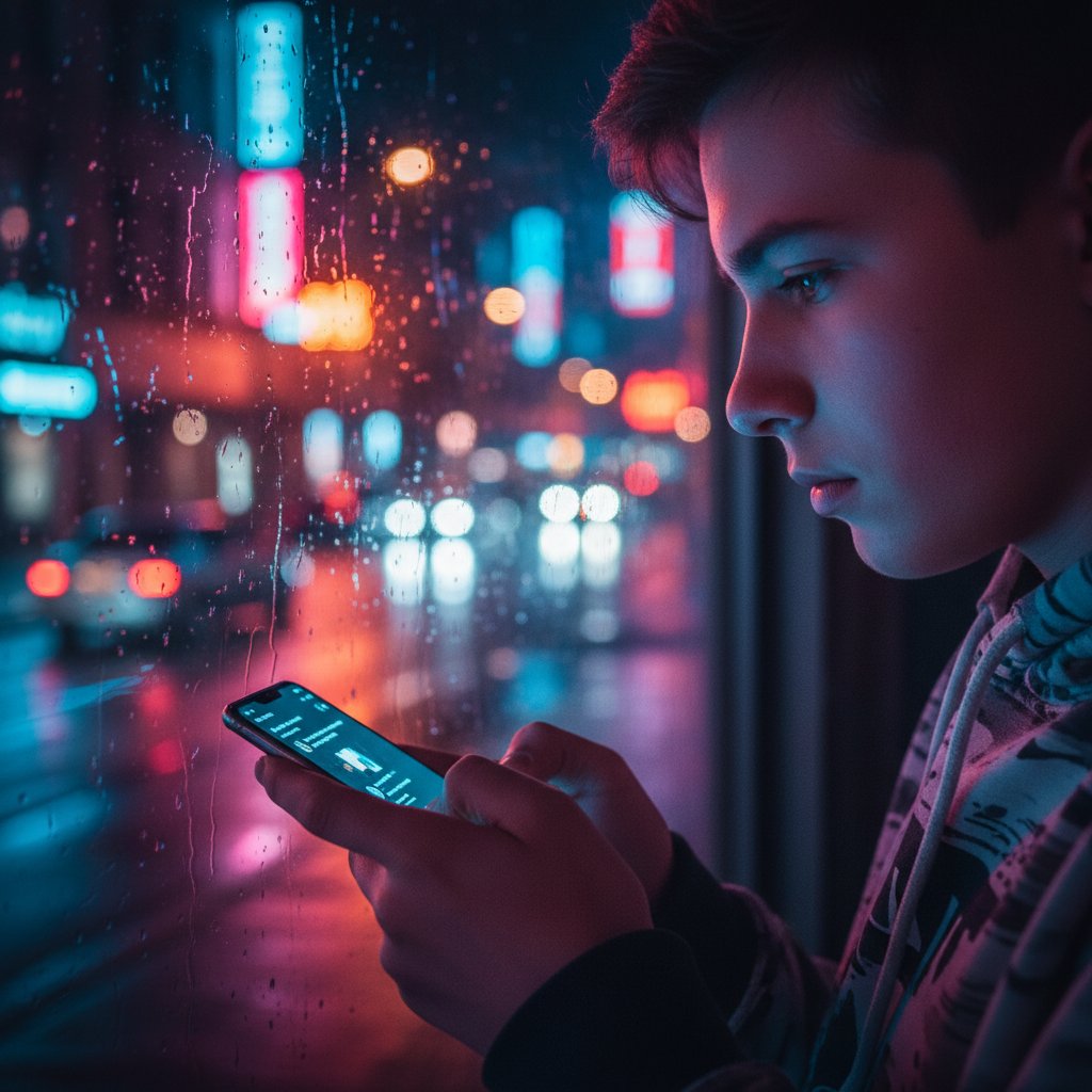 Nastolatek korzystający z telefonu w miejskim otoczeniu, wieczór, światła miasta