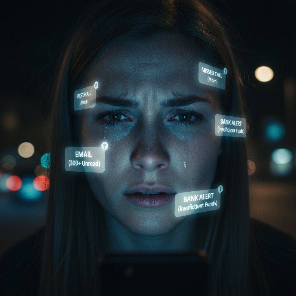 Osoba z wyraźnym stresem na twarzy, bombardowana powiadomieniami smartfona, nocne światło, symbolizujące przeciążenie cyfrowe