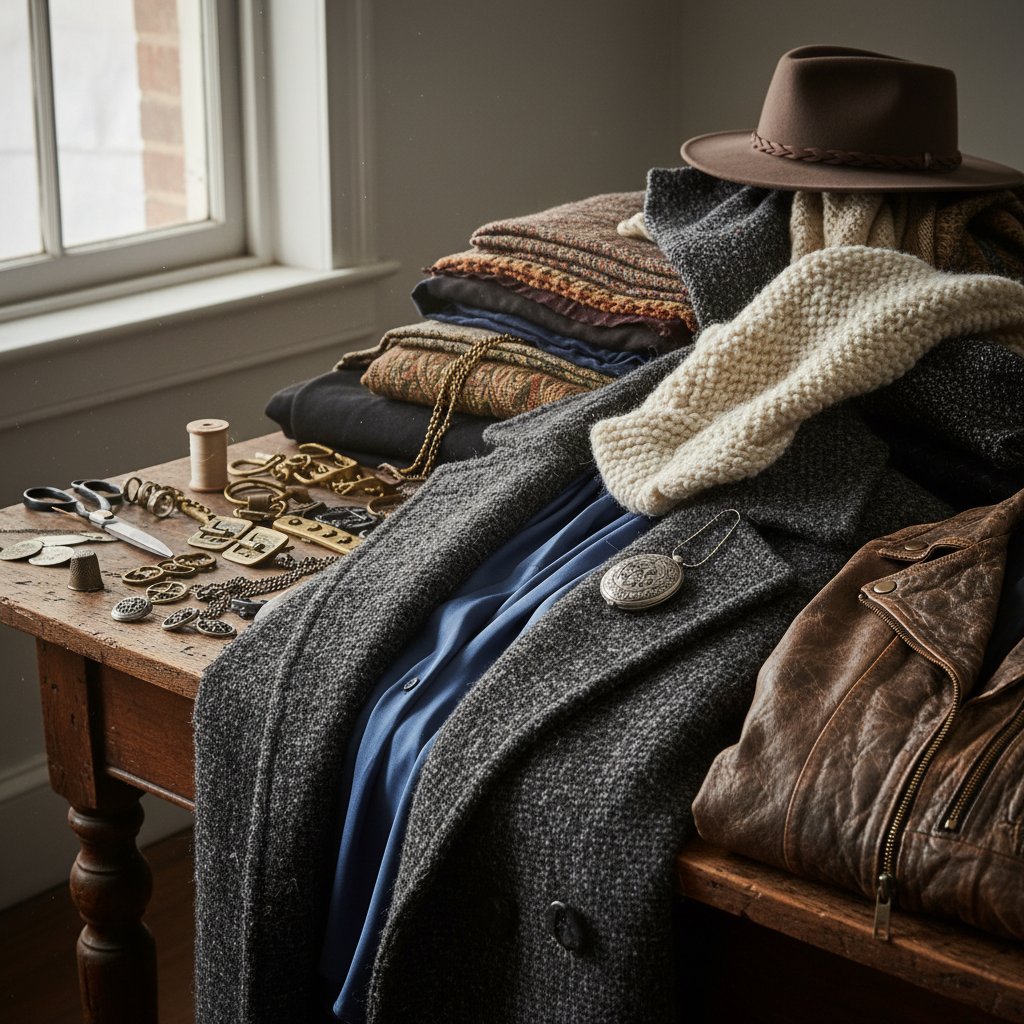 A close-up of clothing textures and accessories laid out by a movie stylist, evoking cinematic richness