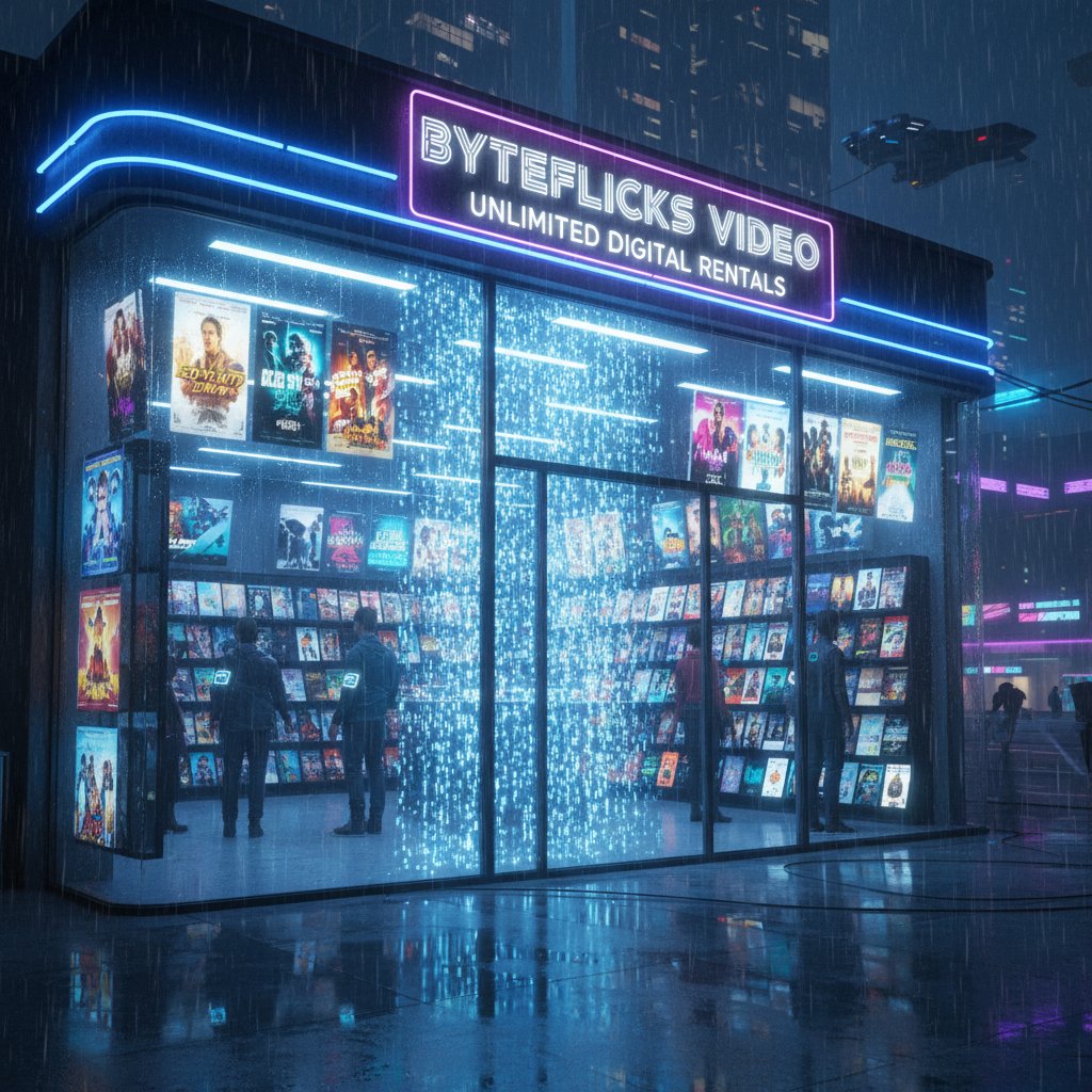 Cinematic split of a faded DVD store and a glowing digital storefront, moody, 16:9.