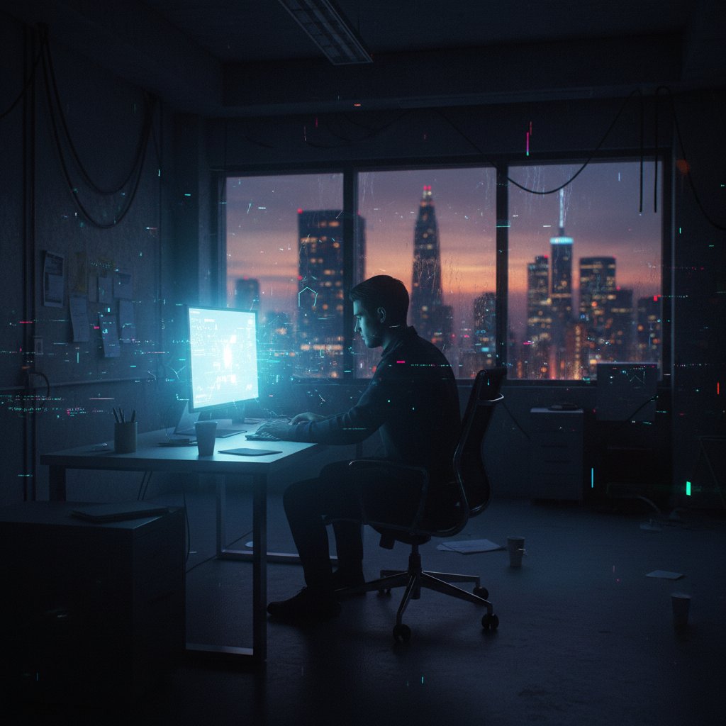 Pracownik w biurze wieczorem analizujący ryzyka AI, napięta atmosfera, zarządzanie ryzykiem ChatGPT