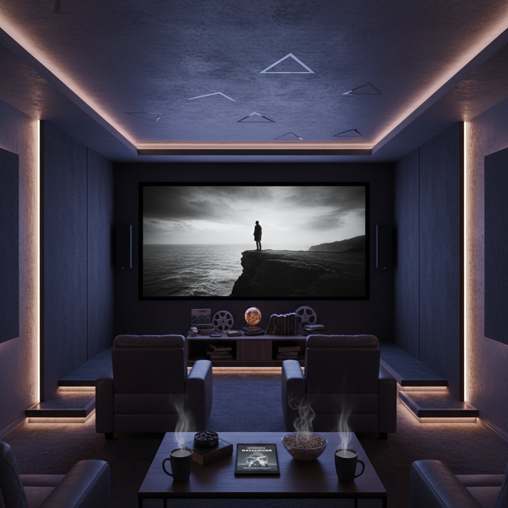 Photo of cinematic home theater setup, ambient lighting, ready for philosophical movies