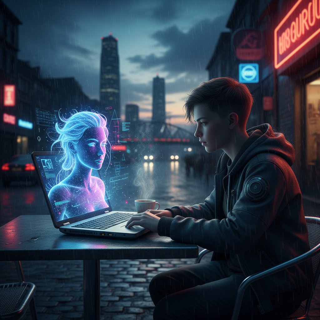 Junge Person in urbaner Nachtatmosphäre, Laptop mit KI-Freundin-Avatar, Stadtlichter im Hintergrund