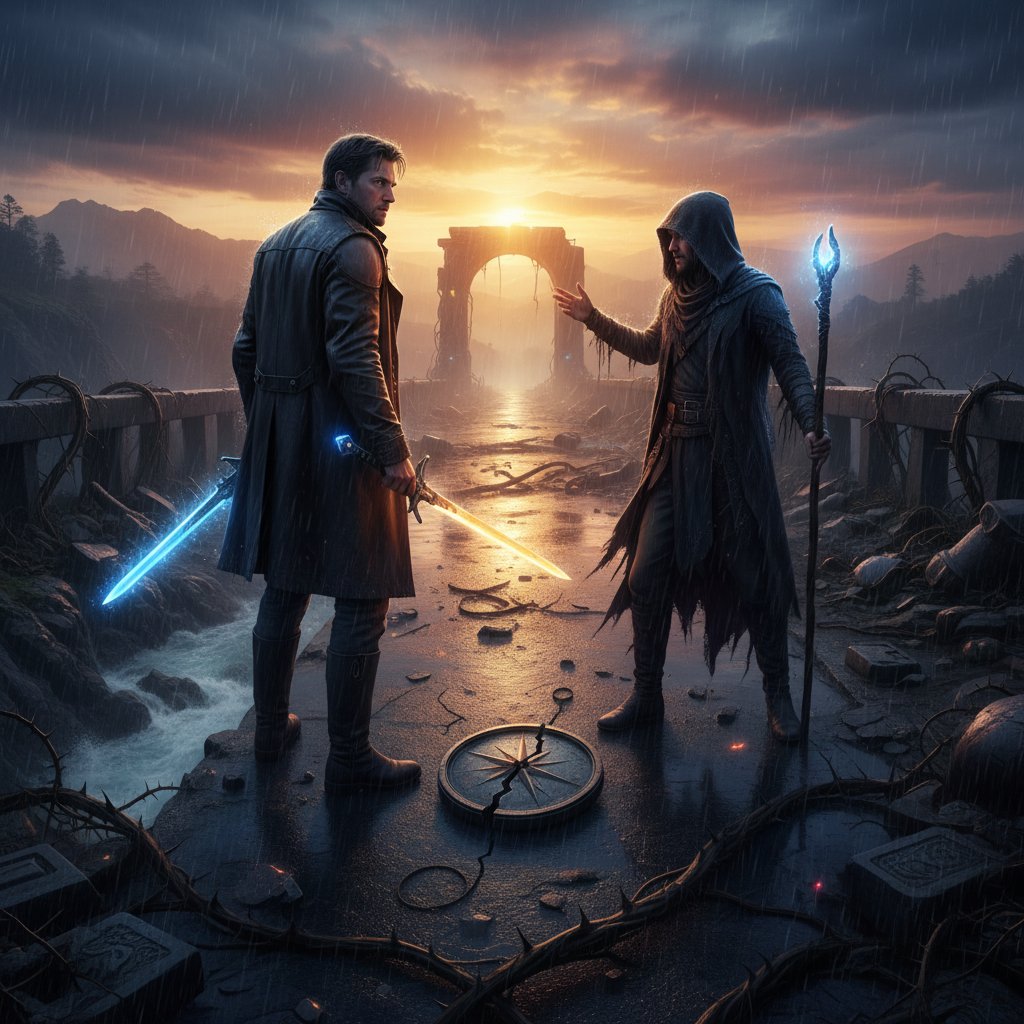 Cinematic close-up of two film characters at a dramatic turning point, moody lighting