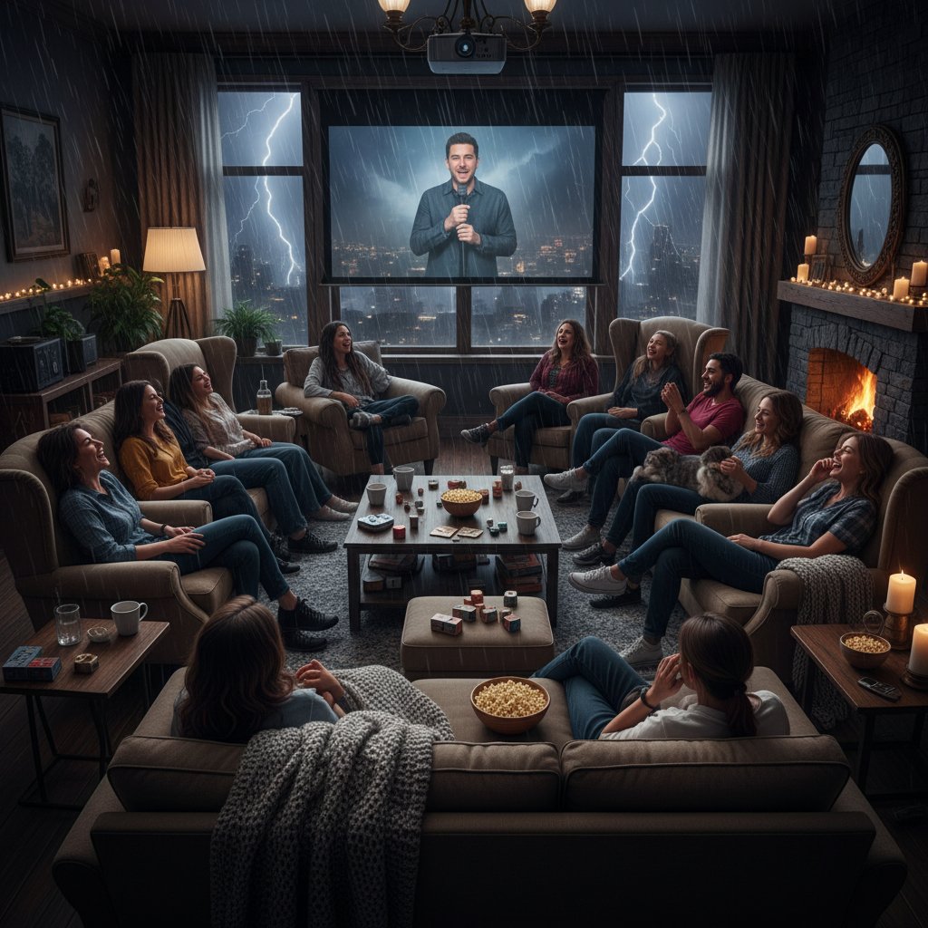 Cinematic photo of people laughing at a comedy movie during a thunderstorm, cozy living room, movie weather comedy cinema