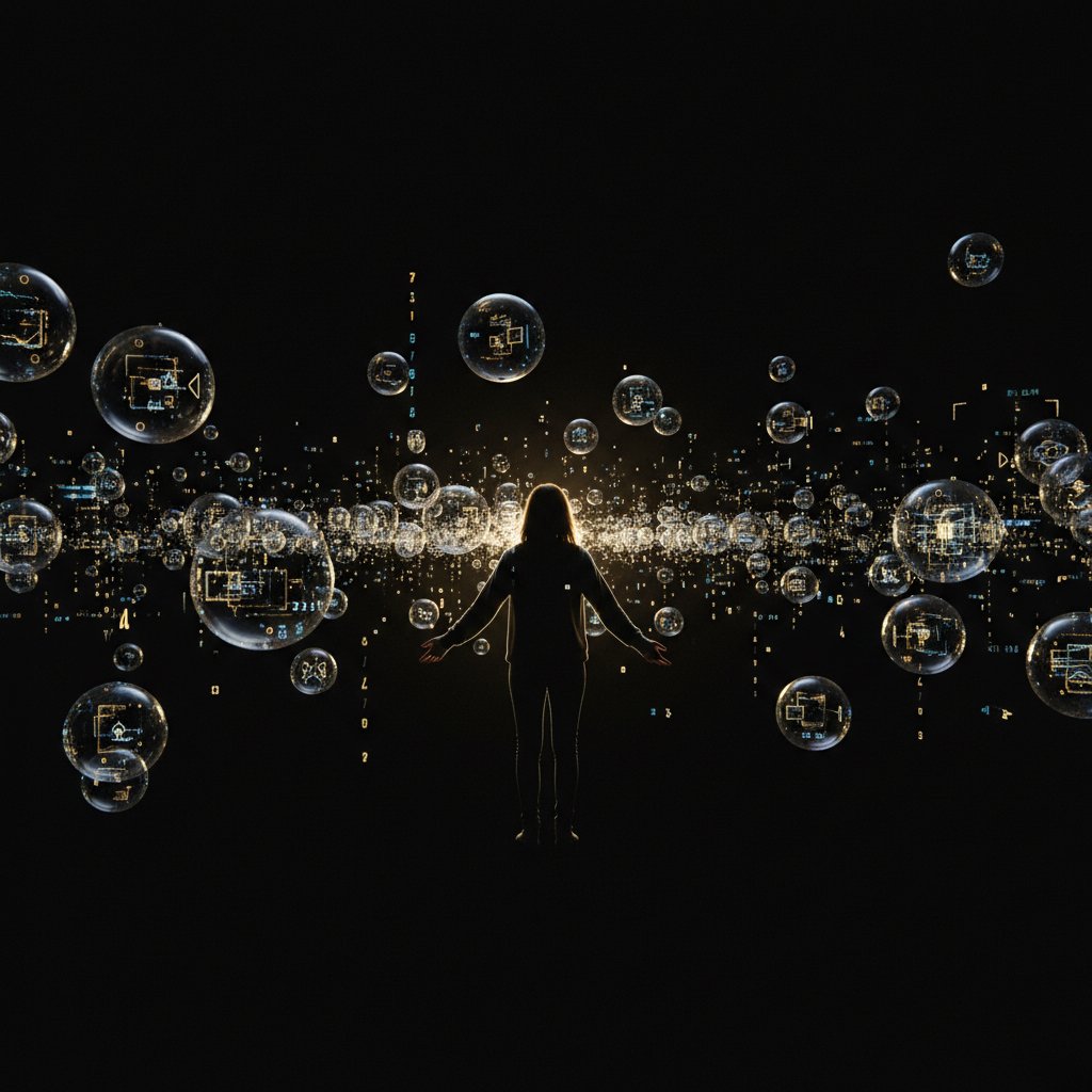 Osoba otoczona cyfrowymi bańkami – wizualizacja bańki filtrującej