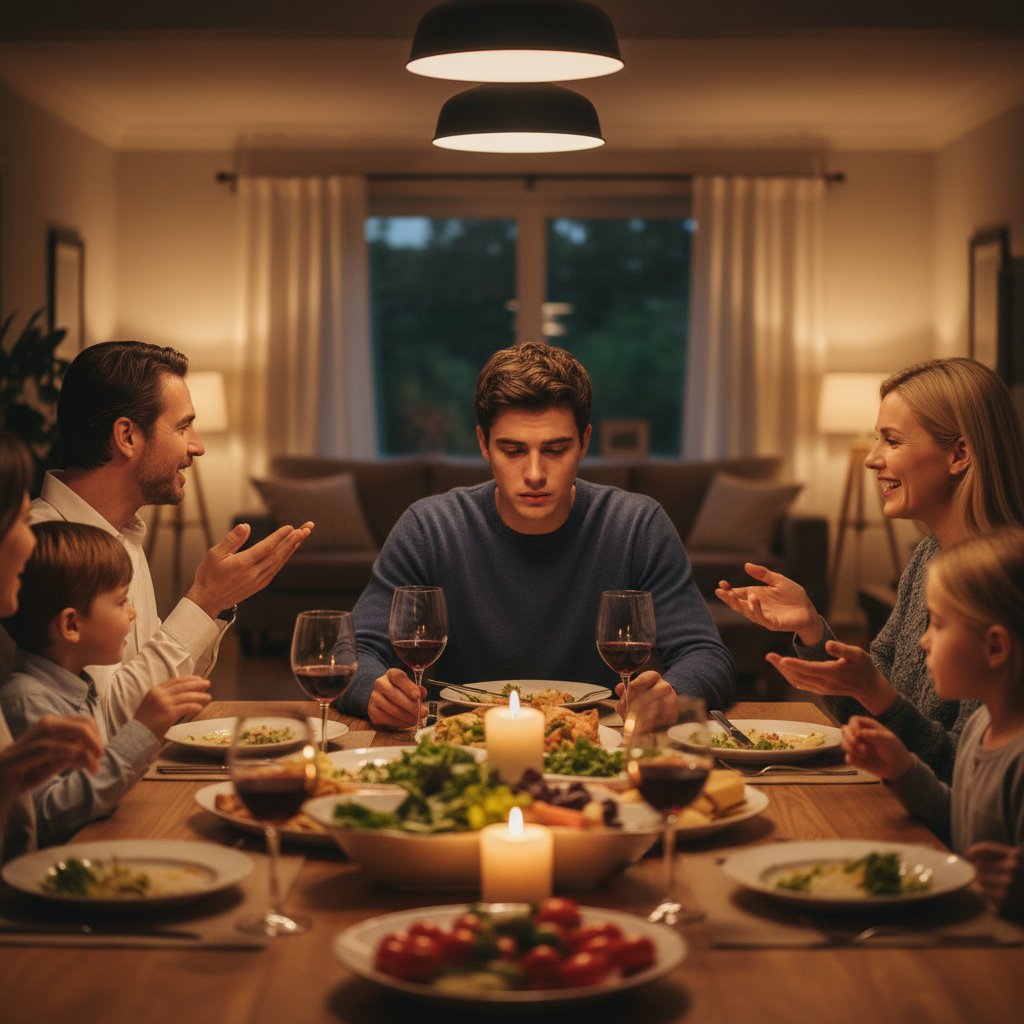 Mężczyzna przy rodzinnym stole, wykluczony z rozmowy