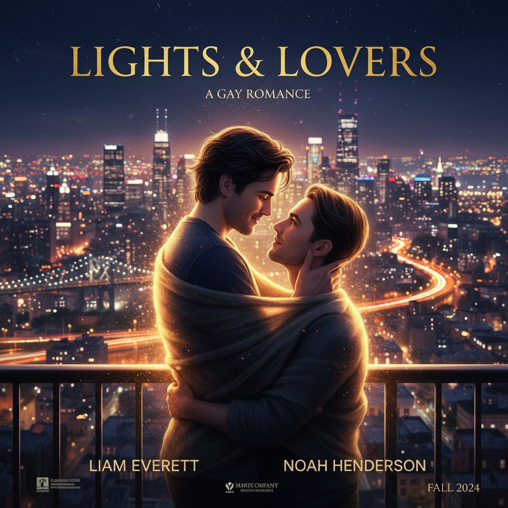 Cinematic poster-style shot of two men in a dramatic, romantic scene, set against bold city lights