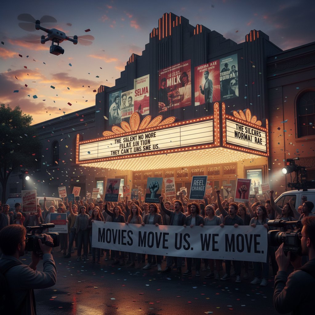 Cinematic protest scene with activists reflected in a movie theater window at dusk, activism movies inspire action