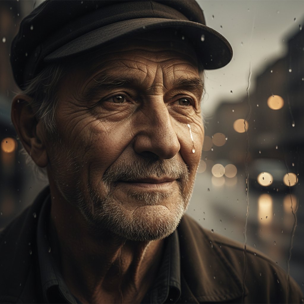 Close-up of a weathered face with hopeful eyes, cinematic realism, tense yet optimistic mood, movie second chances movies