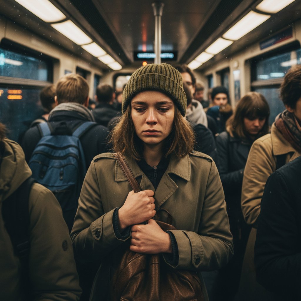 Młoda kobieta w tłumie, wyraźny niepokój na twarzy, presja społeczna dotycząca wyglądu