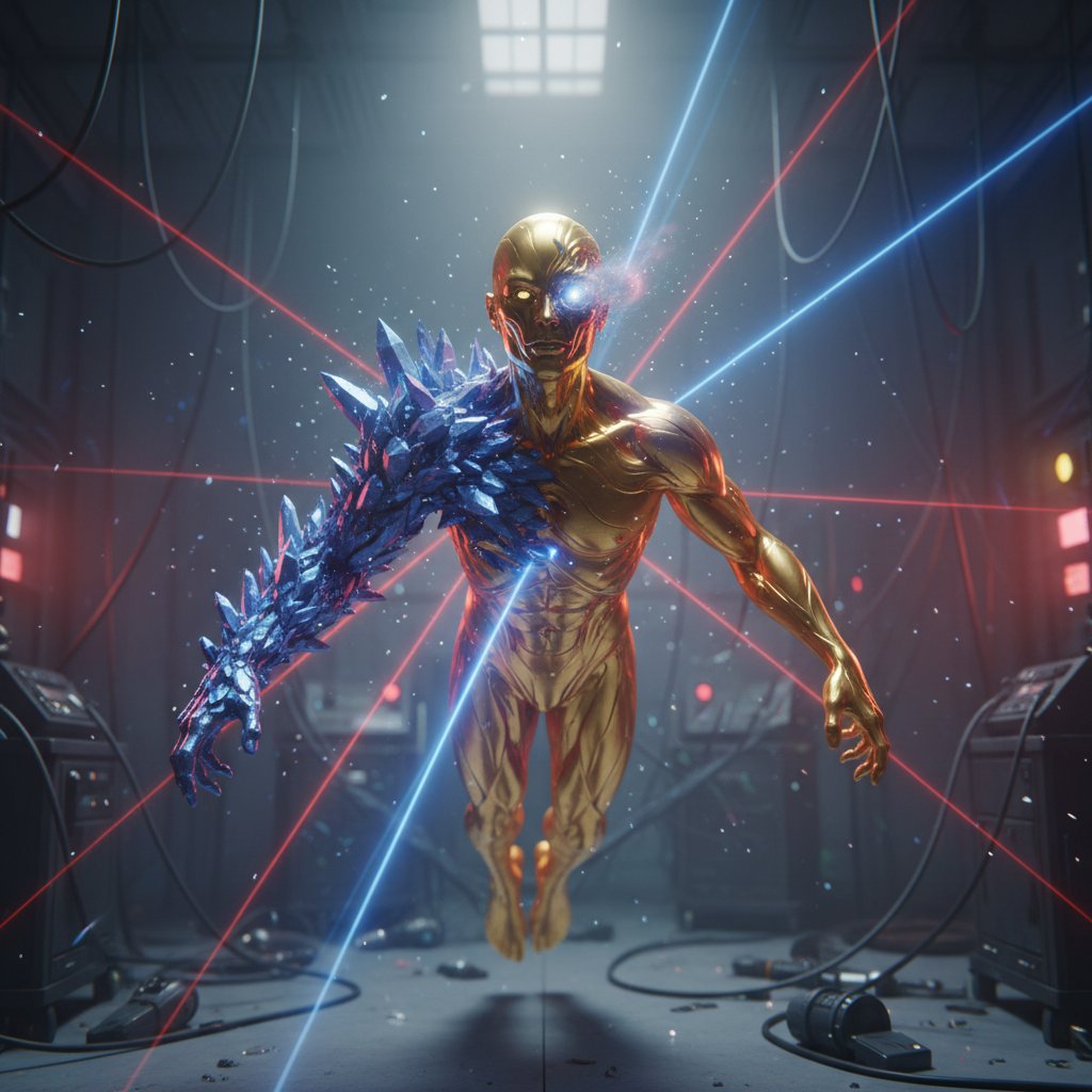 A character caught in the act of transformation, split between two identities—movie sudden transformation comedy scene