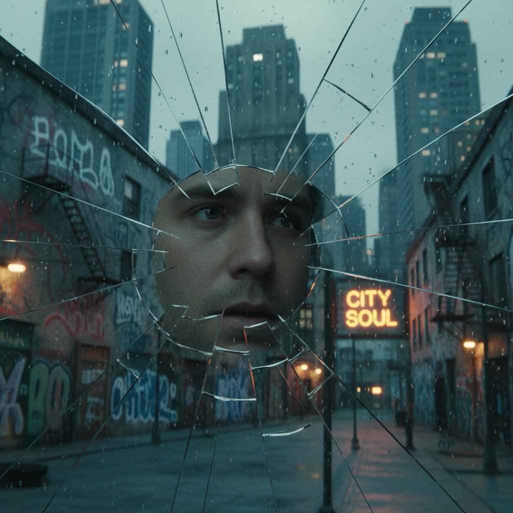 Cinematic still of a character gazing at their fragmented reflection in a cracked mirror, moody urban backdrop, exploring movie identity movies