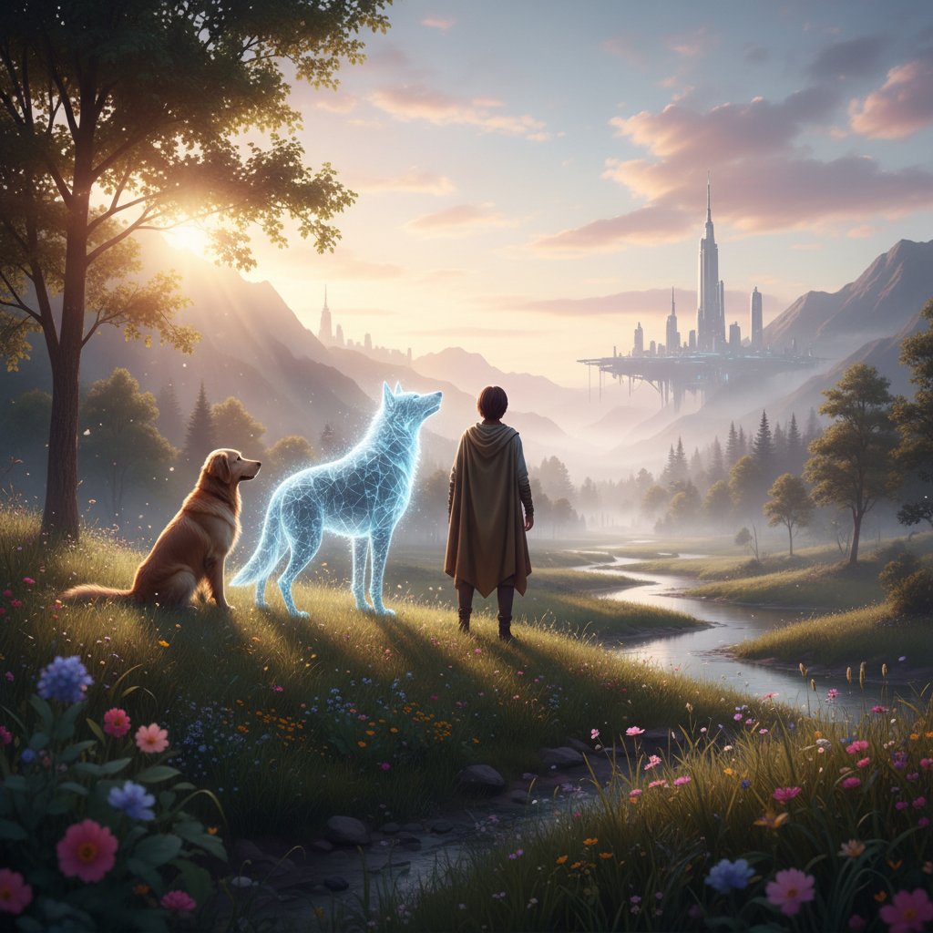 Decyzja między symulatorem a prawdziwym psem, osoba patrząca na psa i ekran z cyfrowym psem, dzienne światło