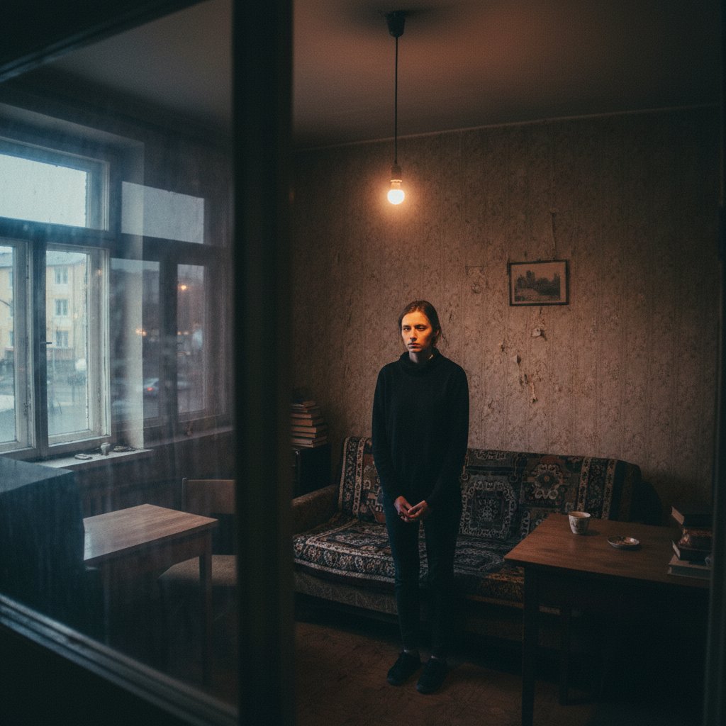 Osoba z pustym wzrokiem siedzi samotnie w ciemnym mieszkaniu