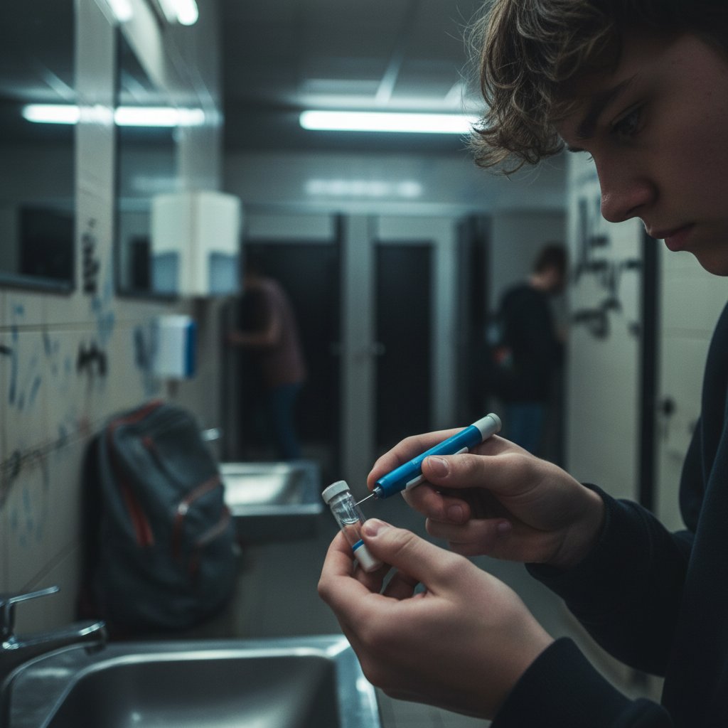 Nastolatek przygotowuje pen insulinowy w szkolnej toalecie.