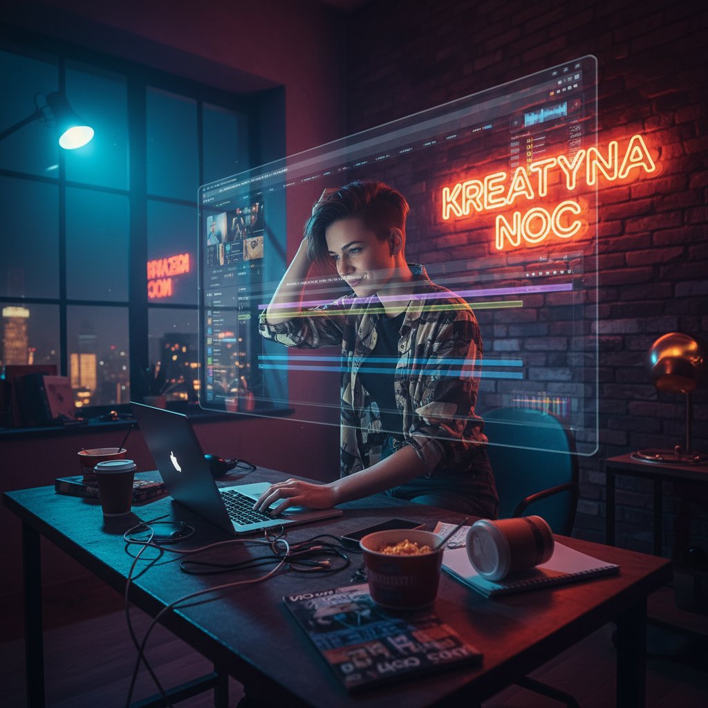 Młody montażysta w domowym studio w Polsce, skupiony przy laptopie z oprogramowaniem do edycji wideo, dynamiczne światło, energia kreatywności