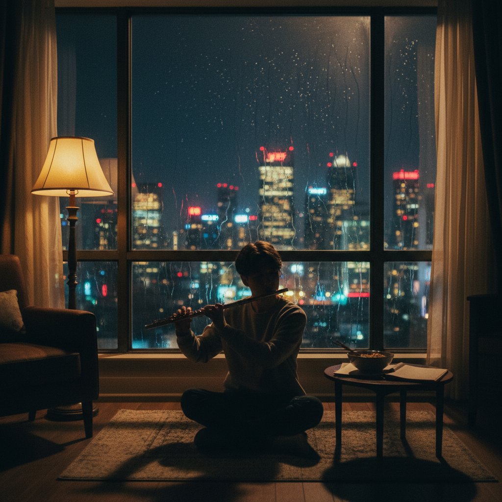 Osoba ćwicząca grę na flecie w nowoczesnym mieszkaniu, nocą, światła miasta za oknem, nauka fletu online