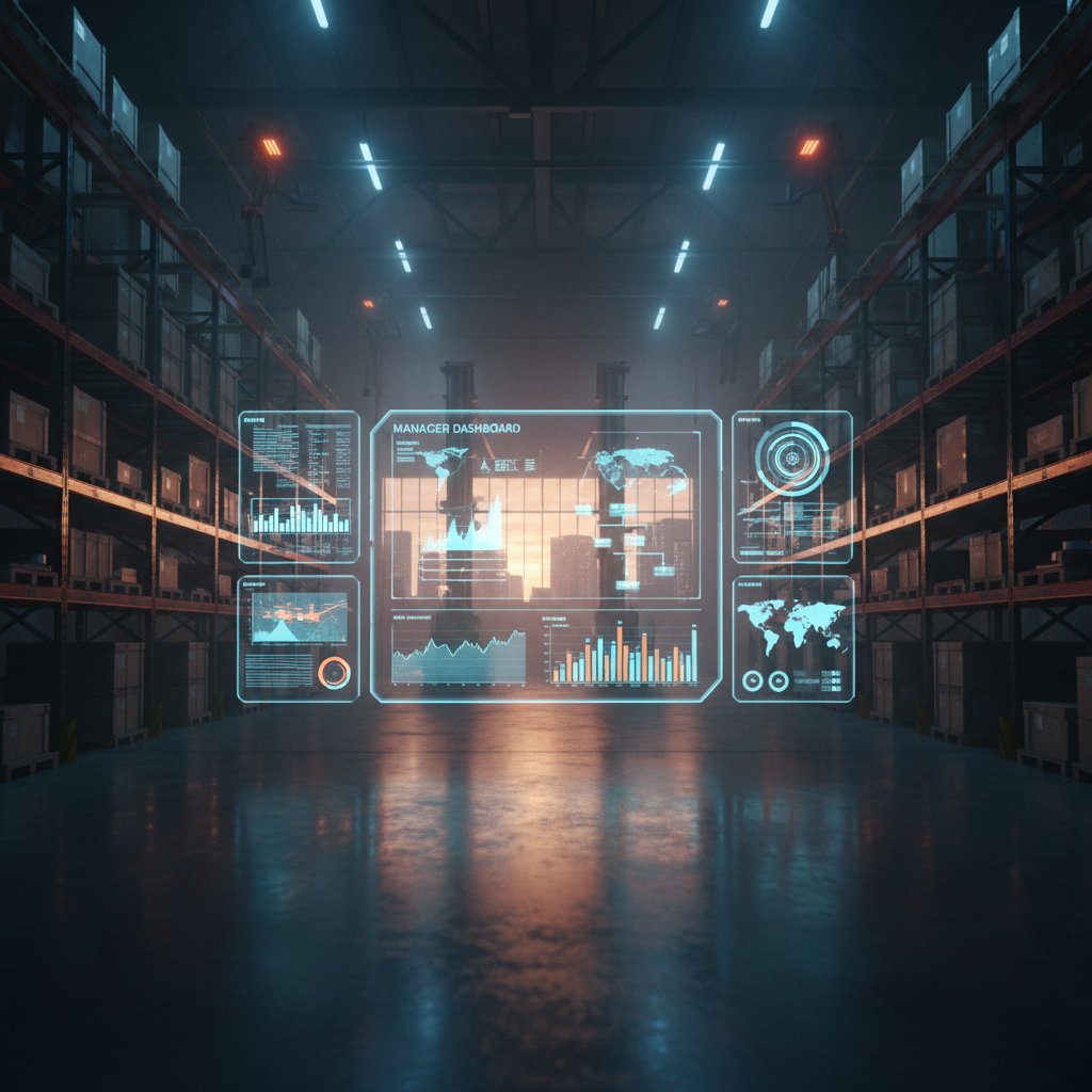 Ciemny magazyn nocą z menedżerem analizującym cyfrowe dane zapasów na ekranie, symbolizujący przewagę technologii AI