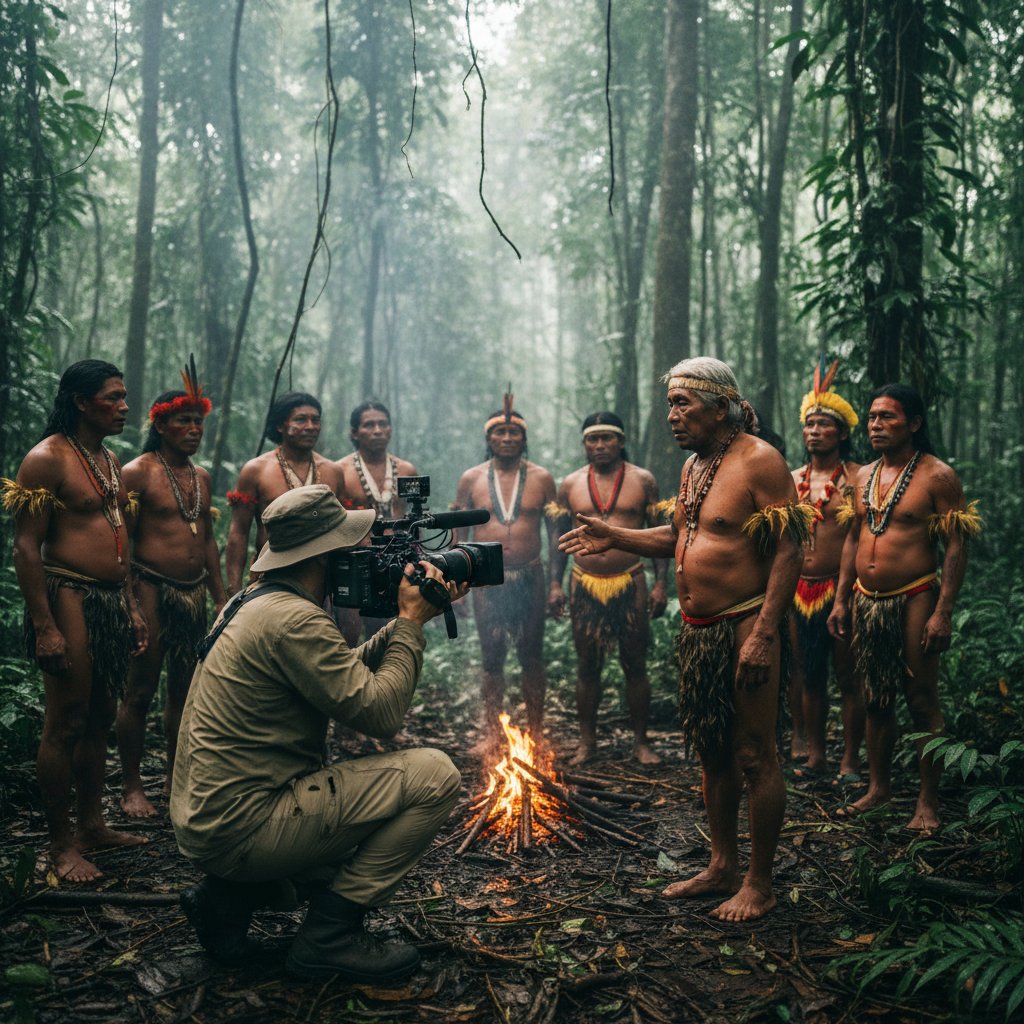 A cinematographer crouched in a remote jungle, capturing indigenous life, intense focus