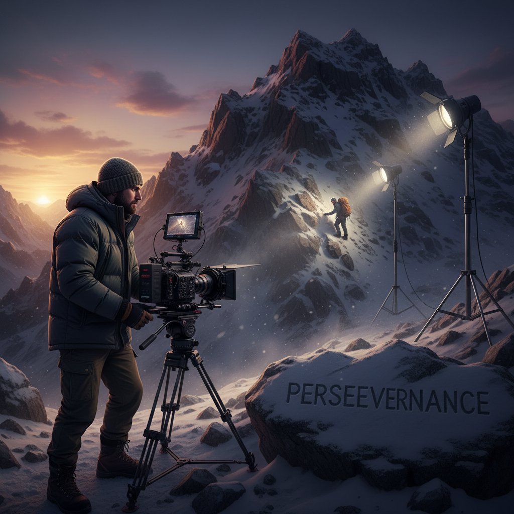 Cinematographer capturing a perseverance movie scene in dramatic lighting