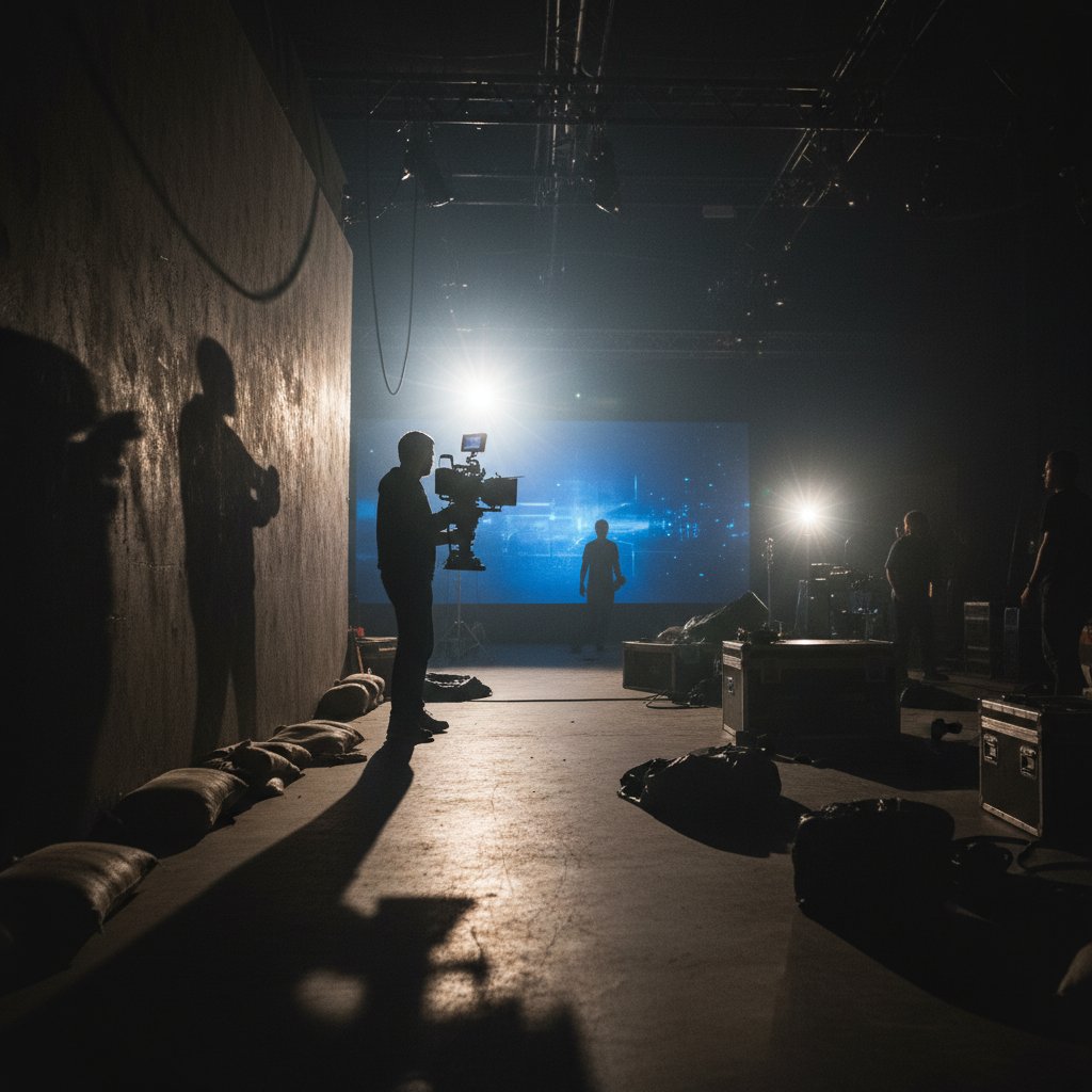 Cinematographer crafting dramatic shadow effects for a movie scene, strong backlight, intense atmosphere, movie shadow cast movies keywords