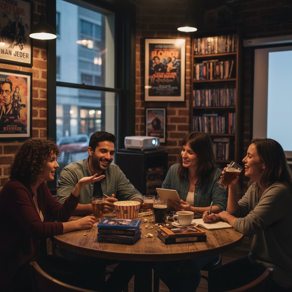 Movie lovers discussing films in an indie setting, cinephile group in a cozy bar