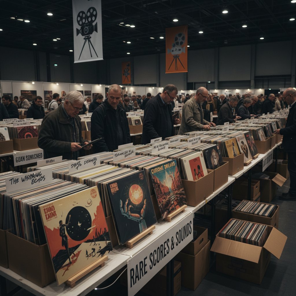 Cinephile flipping through vinyl soundtracks at a collector fair, close-up on rare album covers