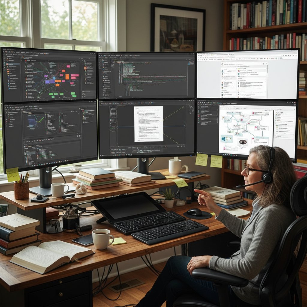 High-contrast photo of a researcher running multiple citation tasks on split screens—citation generator power user, academic workflow, reference management