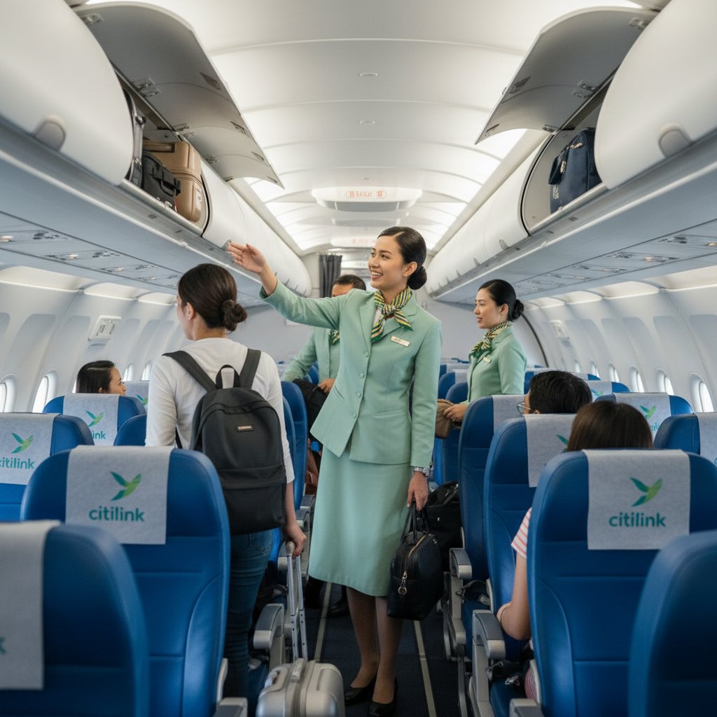 Citilink cabin crew assisting passengers with boarding and luggage