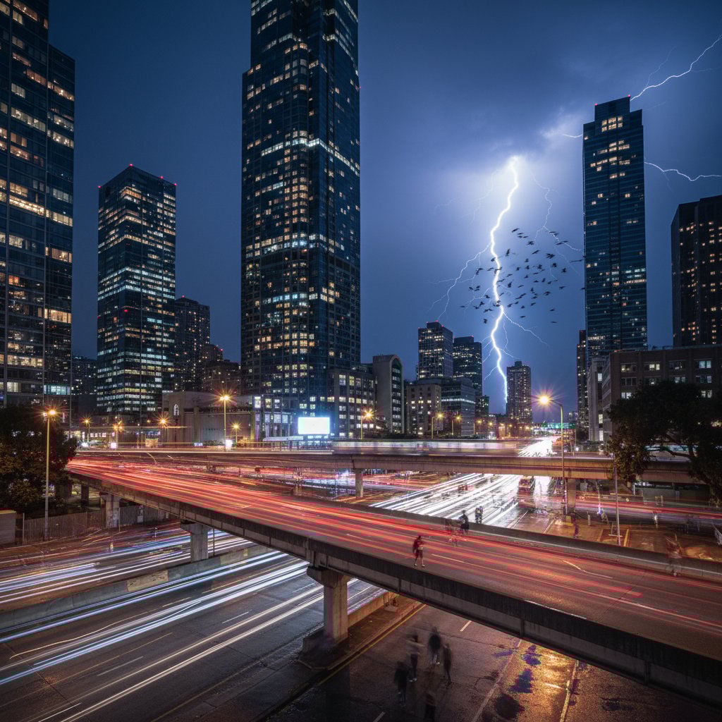 Miasto nocą z dynamicznym ruchem – symbol rosnącej nieprzewidywalności świata
