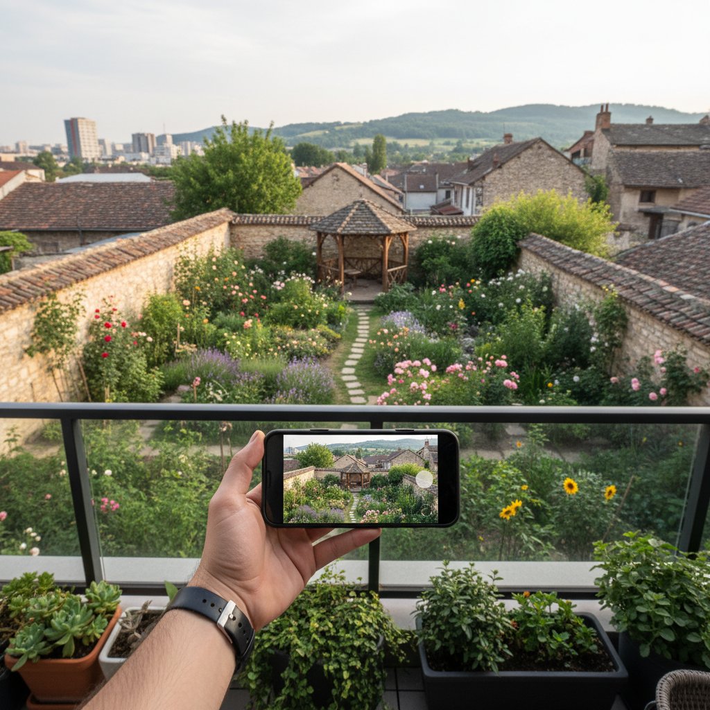 Balkon z roślinami i smartfonem w mieście, kontra ogród wiejski