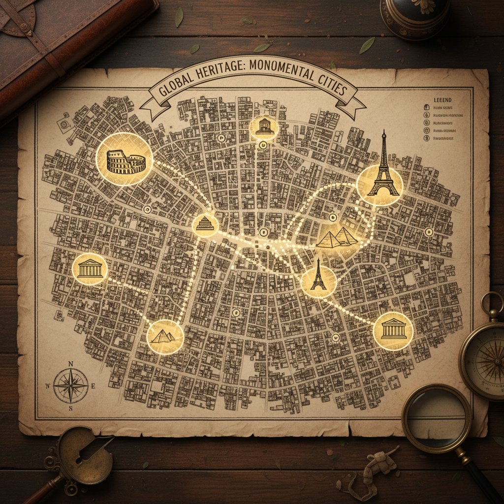 Mapa miasta z zaznaczonymi nowo odkrytymi zabytkami – widok z lotu ptaka