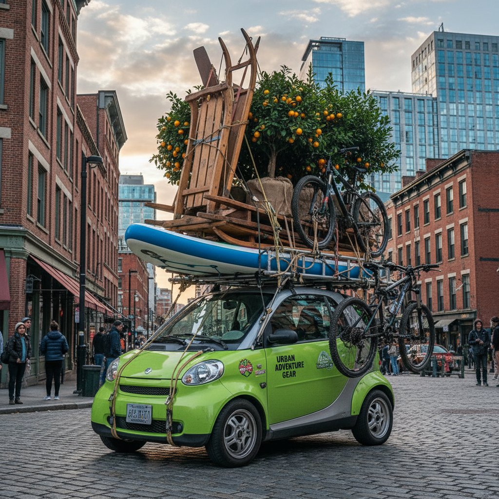 Compact car in urban area with ski rack carrying odd items, showing unconventional ski rack car uses