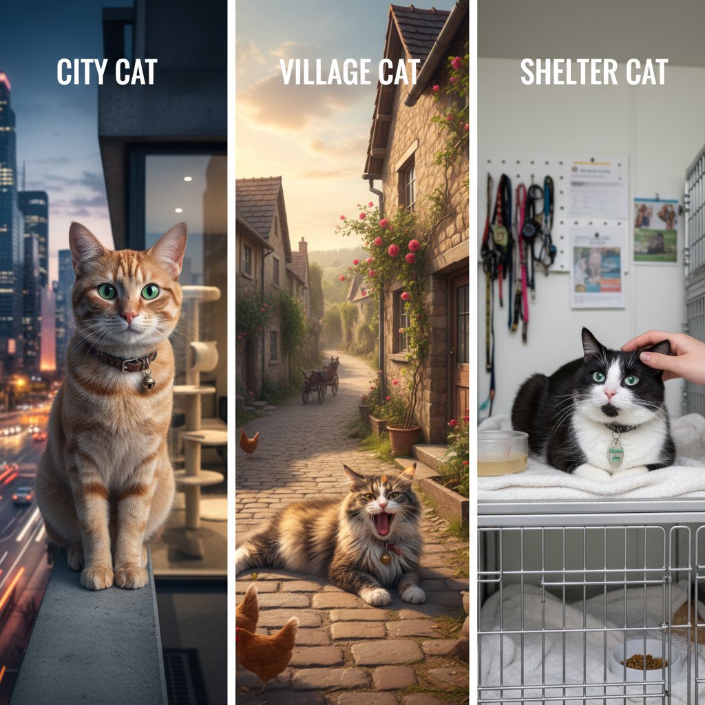 Kot na tle miejskiej dżungli, wiejski kot przy stodole, schroniskowy kot za kratami – zestawienie trzech środowisk