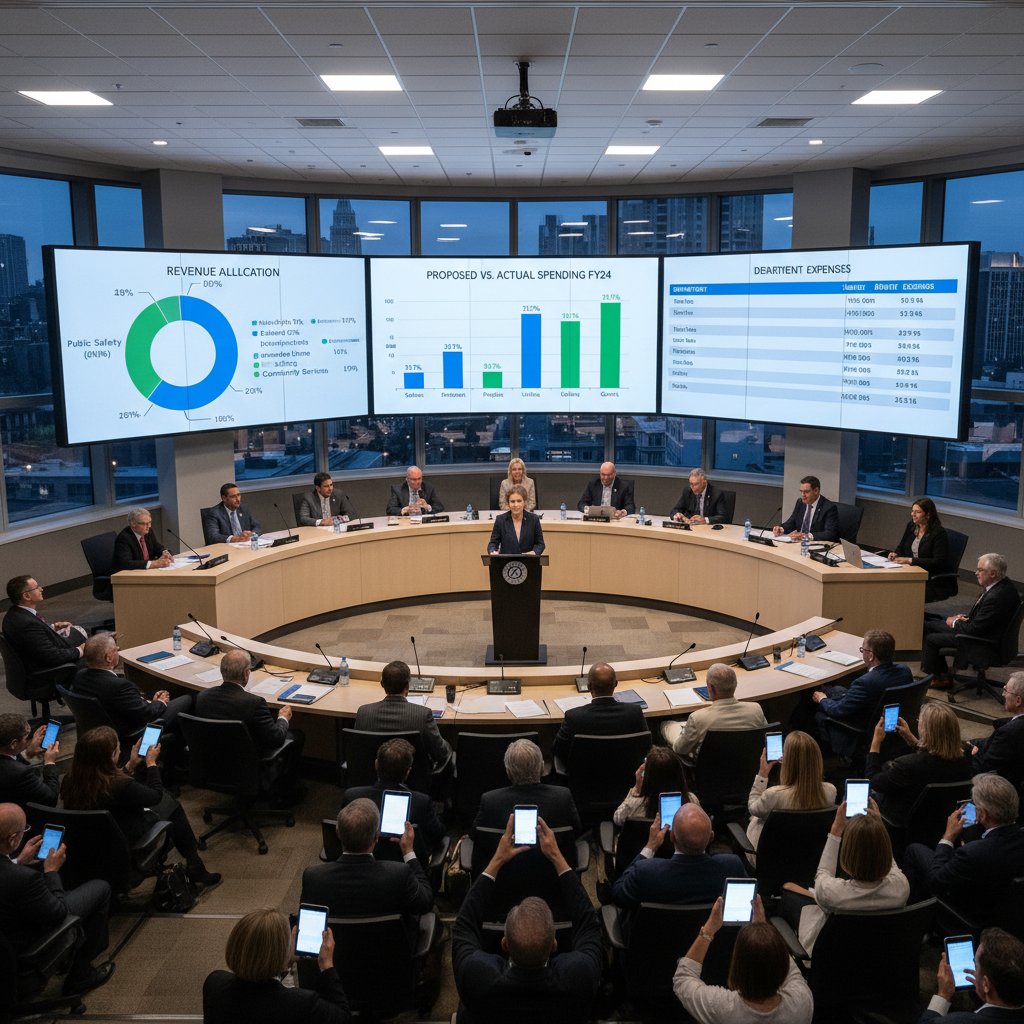 Sesja rady miejskiej z cyfrowymi ekranami budżetowymi – symbol digitalizacji samorządów