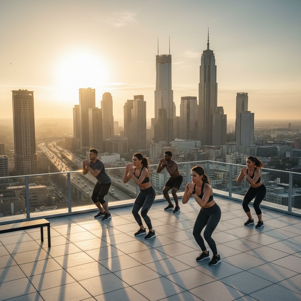 Mieszkańcy miasta i wsi ćwiczący dzięki wideo treningom