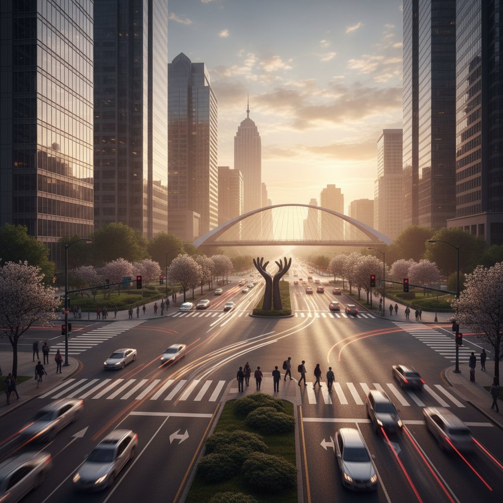 Skrzyżowanie dróg w mieście o świcie symbolizujące wybór i nadzieję