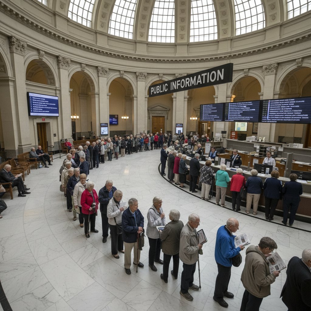 Urząd miasta, seniorzy w kolejce do informacji społecznej