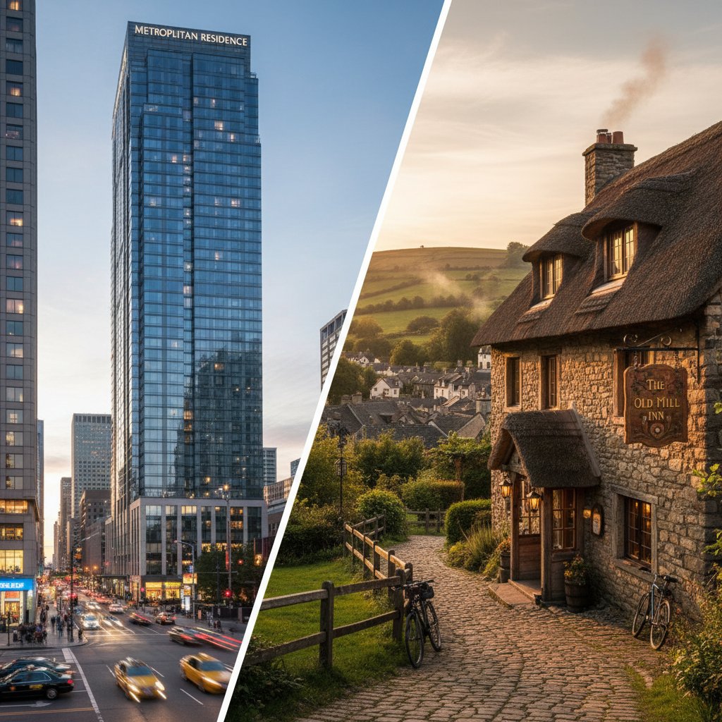 Zestawienie hotelu miejskiego i wiejskiego, kontrastujące fasady