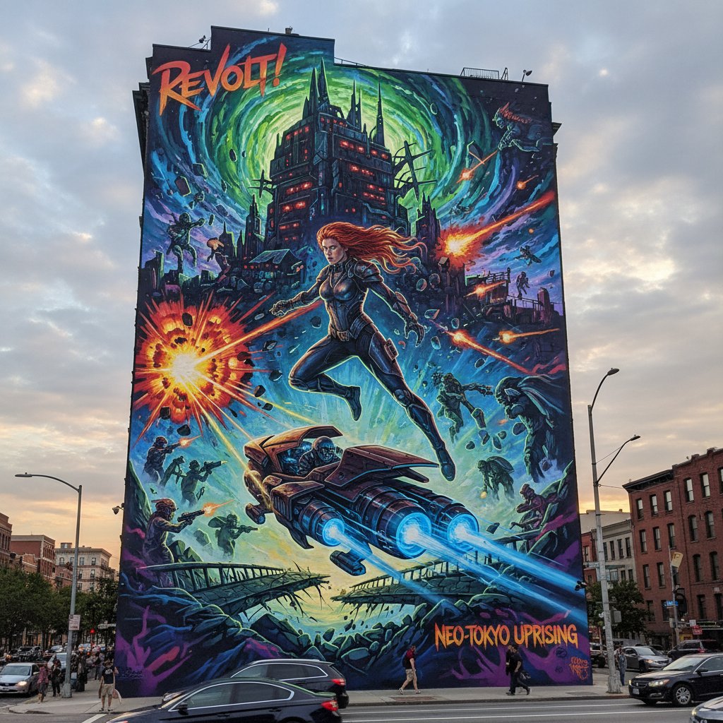 City mural inspired by iconic radical movie scene, vibrant and dynamic