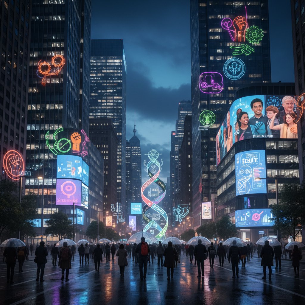 Zdjęcie miasta nocą, światła biurowców, symbolika zmian społecznych w biznesie