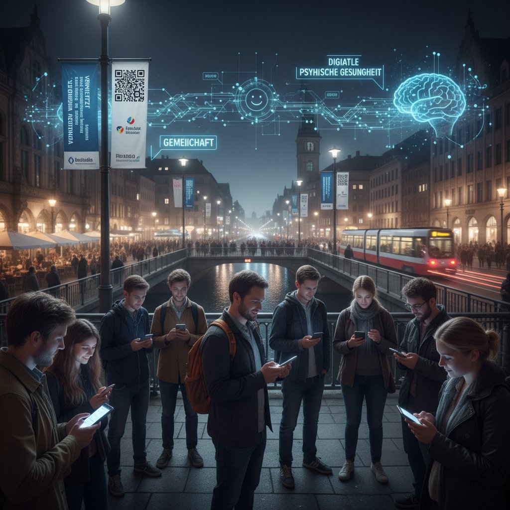 Stadtansicht bei Nacht, junge Menschen mit Smartphones, Community und Digitalisierung psychischer Gesundheit