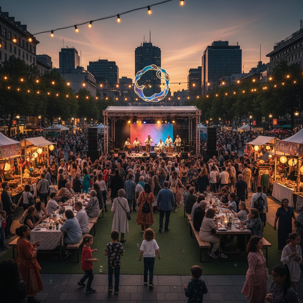 Mieszkańcy miasta podczas plenerowego wydarzenia kulturalnego o zmierzchu