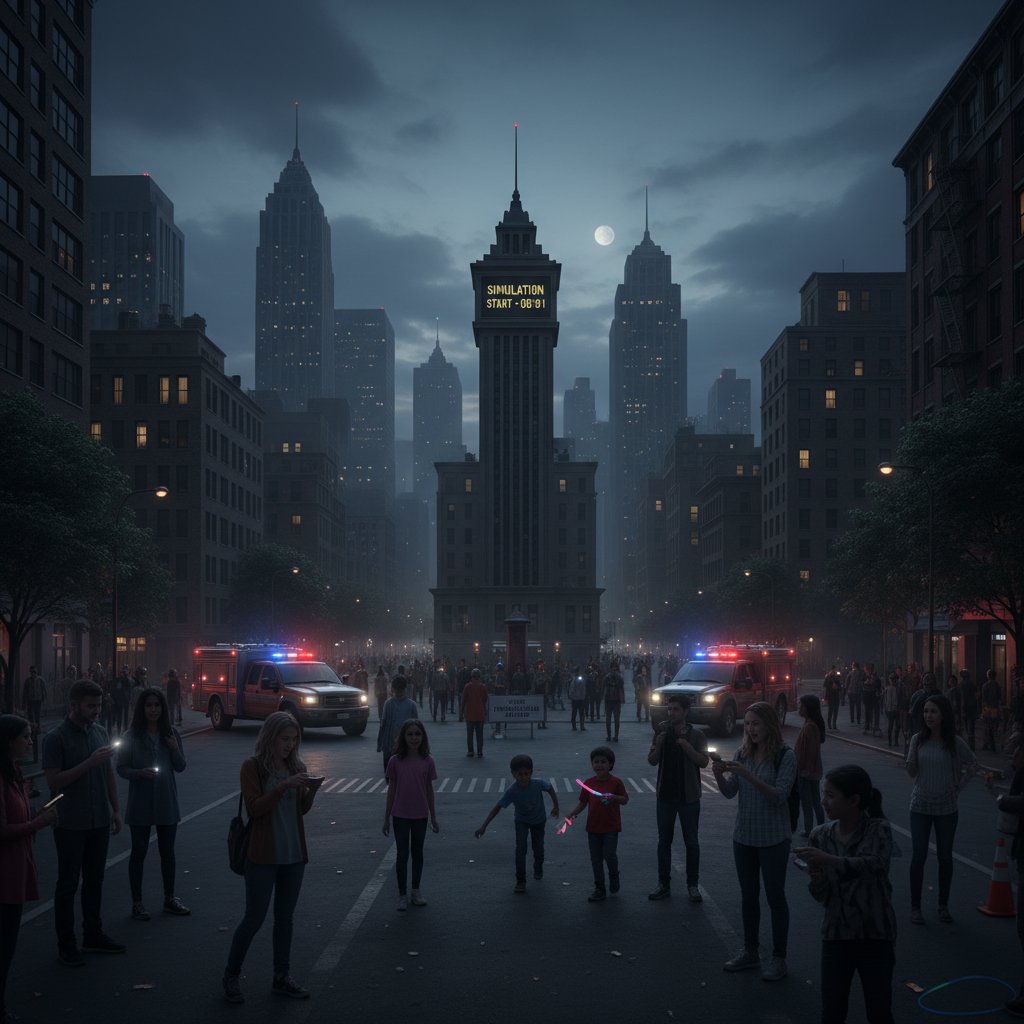 Mieszkańcy miasta reagujący na nagłą przerwę w dostawie prądu podczas symulacji blackoutu