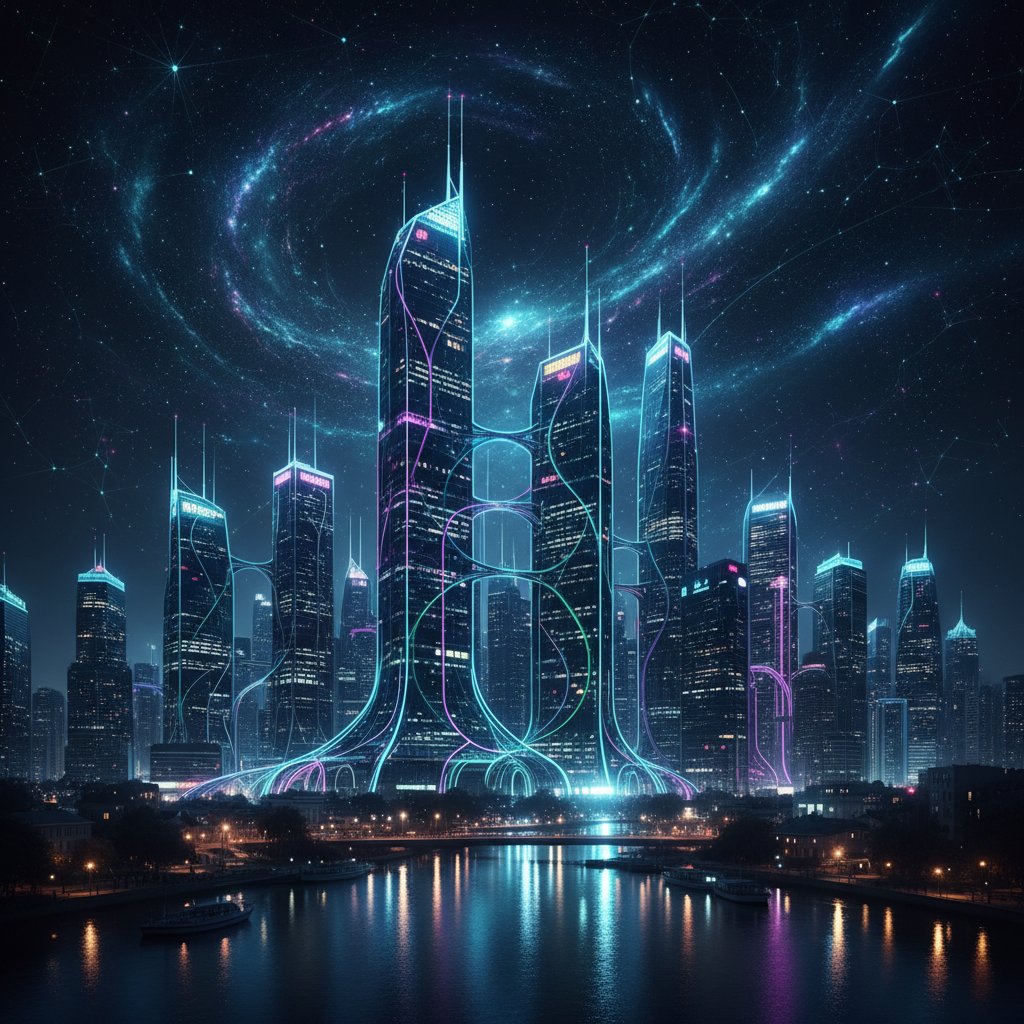 Nocna panorama miasta spleciona z siecią neuronową symbolizująca przyszłość snu z AI