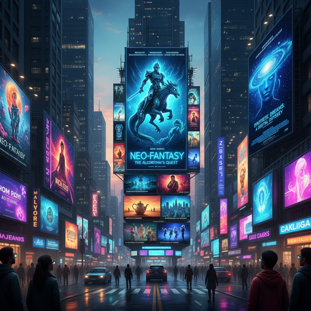 A bustling city street with digital billboards showing trending movies, representing AI’s influence on culture