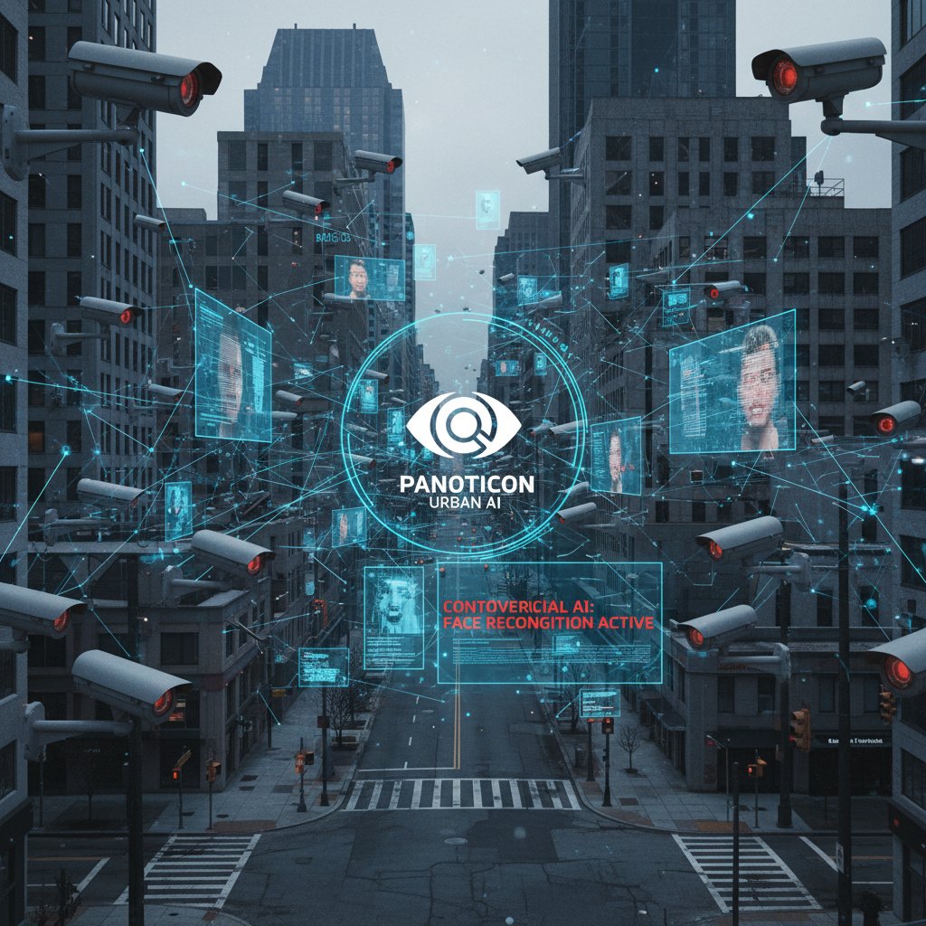 Zdjęcie miejskiego monitoringu i kamery CCTV, symbolizujące kontrowersyjne zastosowania AI w rozpoznawaniu twarzy