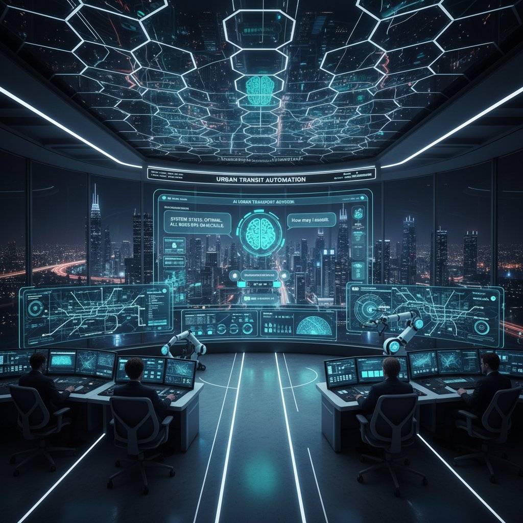 City transit control room with AI chatbot dashboards