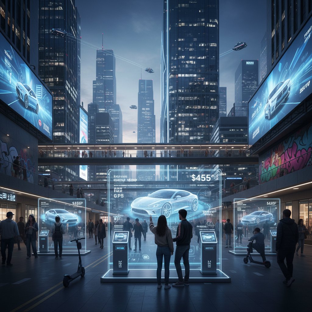 Cityscape with cars overlaid by digital interface graphics, symbolizing urban automotive website impact